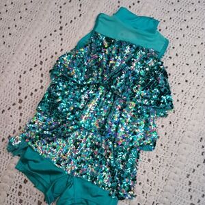 Weissman Dance Costume SC Teal Shimmer Fringe Leotard Recital Competition Sequin